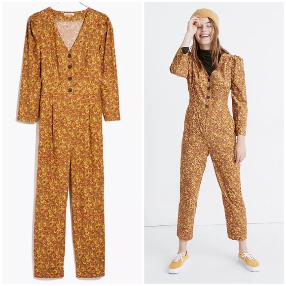 Madewell Corduroy Puff Sleeve Jumpsuit Floral Size 4 - Picture 1 of 4